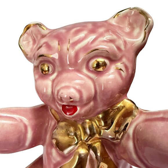Vintage Pink Teddy Bear Bank with Gold Accents by Pearl China Co. Kitsch - Picture 3 of 9